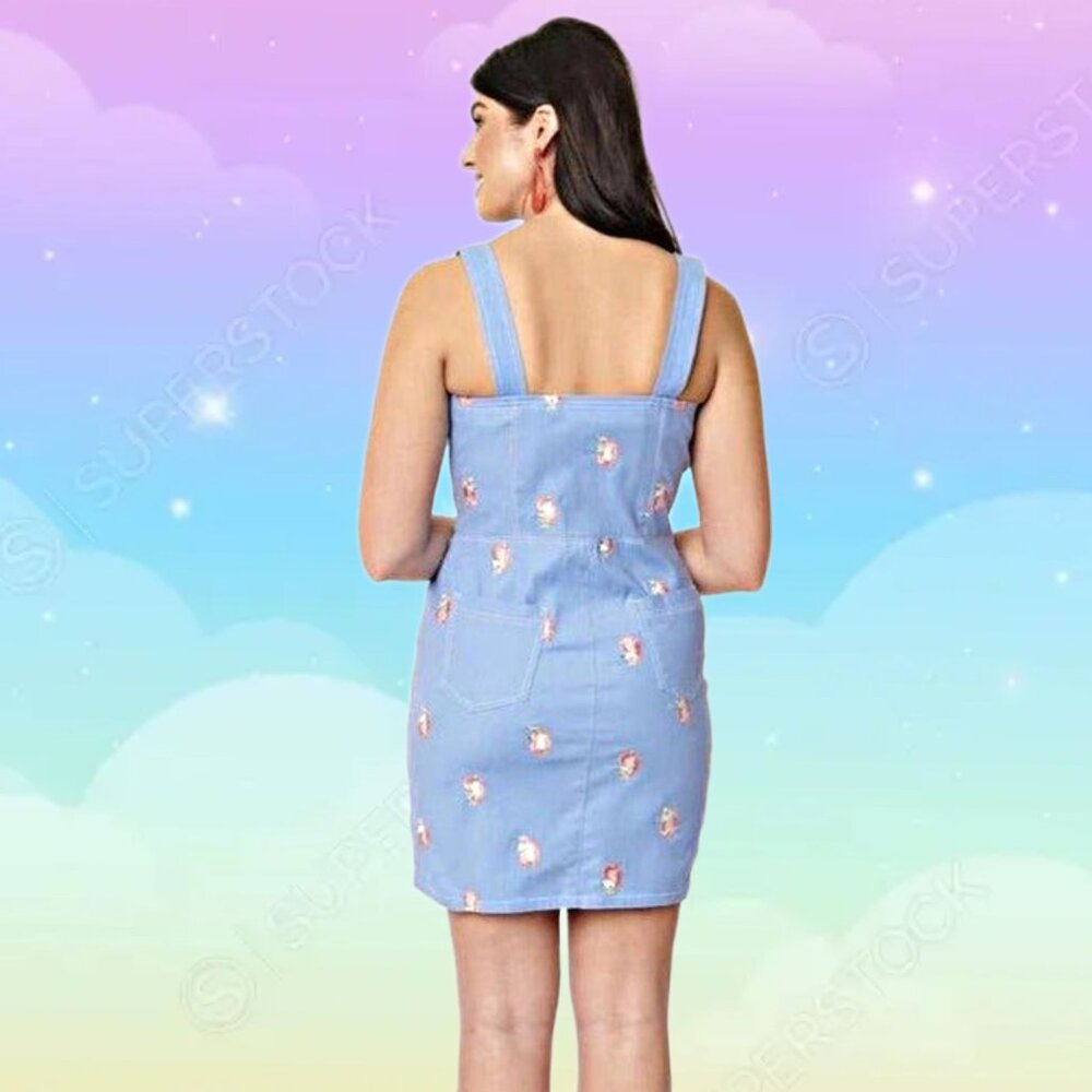 Unique Vintage Periwinkle Denim Mini Dress Embroidered Unicorn Overalls Size 3X - Picture 4 of 11